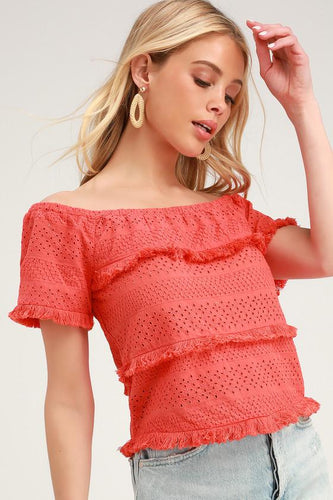 Has additional image: Lulus | Julia Coral Pink Eyelet Lace Short Sleeve Top | Size Small | 100% Cotton