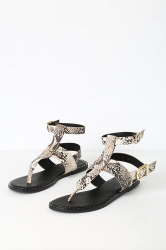 Has in stock -Lulus | Arie Beige and Brown Snake Print Thong Sandal Heels | Size 10 | Vegan Friendly